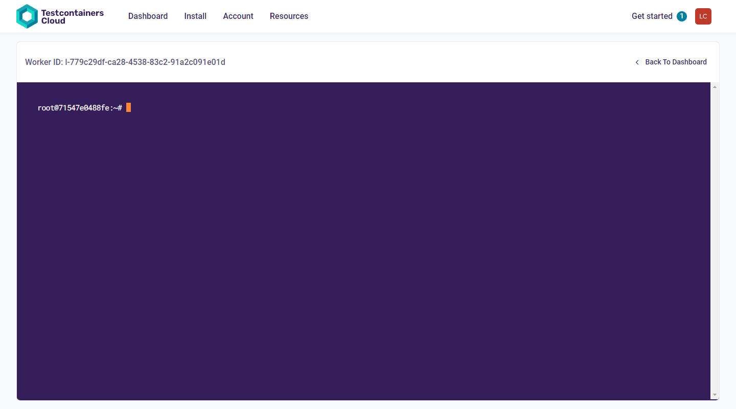 Testcontainers Cloud connected to worker terminal